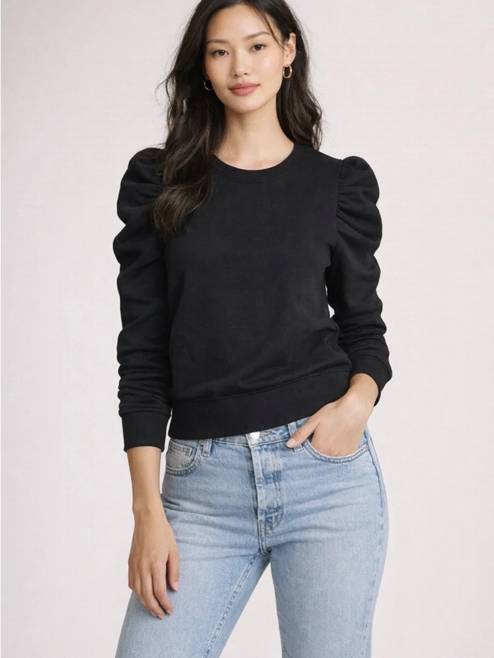 REBECCA MINKOFF Janine Puff Sleeve Sweatshirt Black Size XS Cotton Blend - Picture 1 of 5